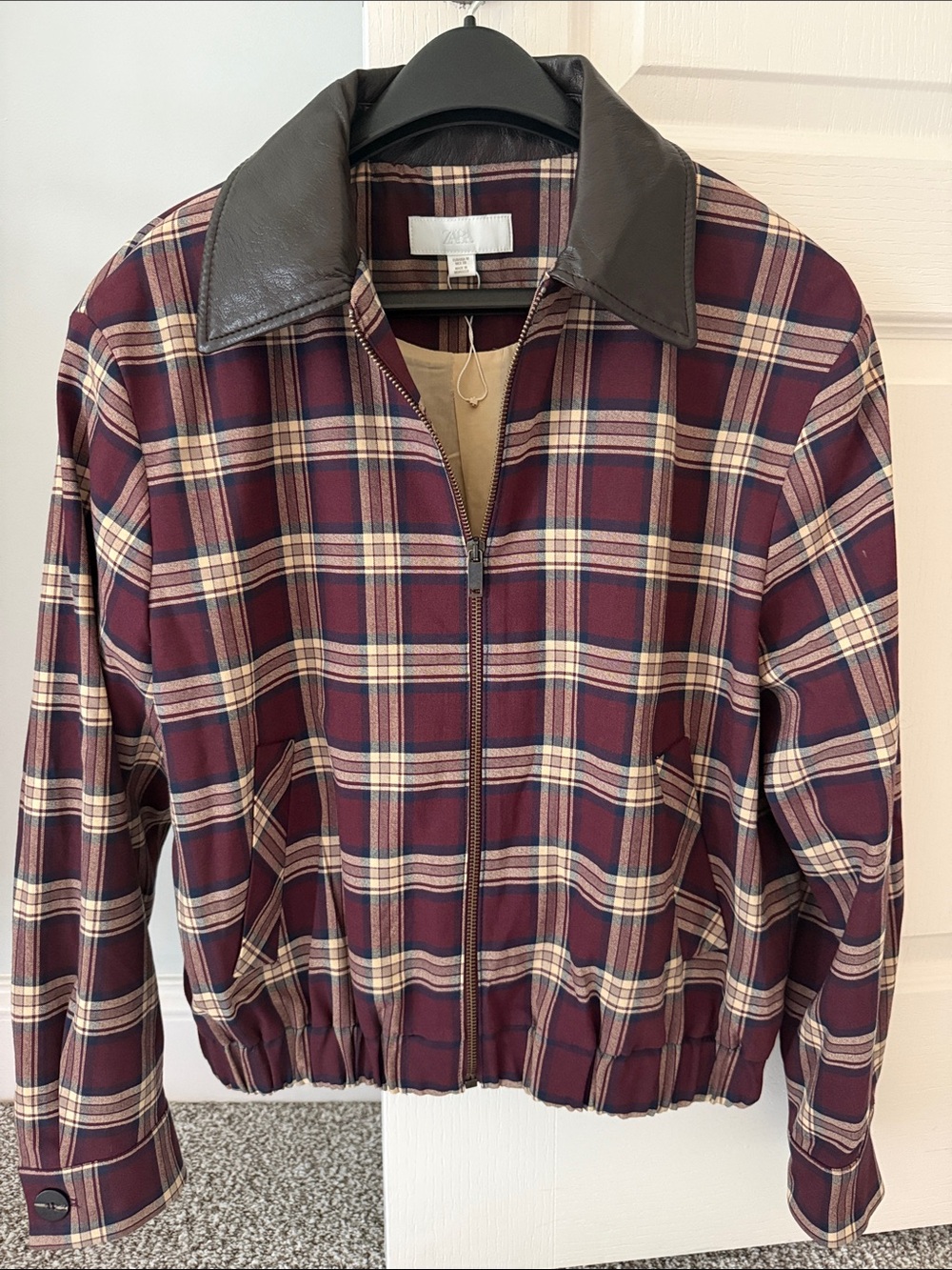 Zara Burgundy Plaid Bomber Jacket with Dark Collar